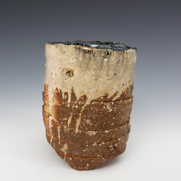 Wood Fired Textured Cup with Blue Slip and Shino #01